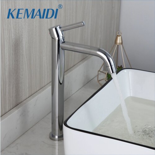 KEMAIDI Chrome Finished Bathroom Basin Faucet Deckl Mounted Basin Vessel Sinks Waterfall Mixer Tap Black Water Faucet Tap