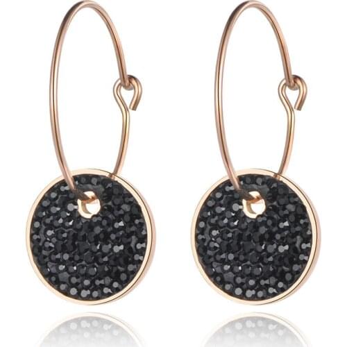 Stainless Steel Hoop Earrings White & Black Round Clay Crystals Rose Gold Color Party Jewelry Wedding Gift JE18459