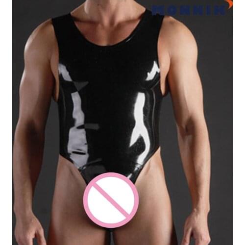 MONNIK latexSexy LingerieSexy Latex Men T-crotch Catsuit Sleeveless Rubber Summer Swimwear Sports Club