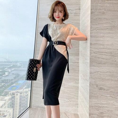 Lady Sequins Slim Party Midi Dresses Summer High Waist Belt Elegant Women Round Neck Patchwork Dress Female Clothes 2021