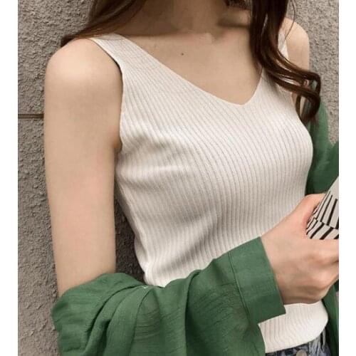 Summer Womens Clothing New Inner Wear Ice Silk Knitted Vest Sleeveless Blouse Slim Fit Looking Base Spaghetti Straps Outerwear