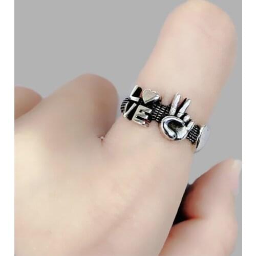 Fashion Black Punk Boho Initial LOVE Letter 925 Sterling Silver Adjustable Engagement Ring For Women Chunky Jewelry