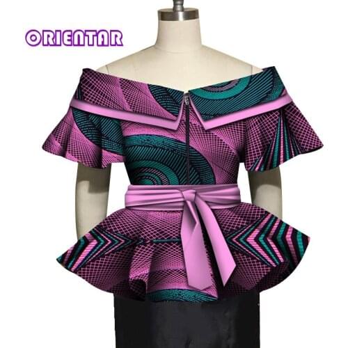 Fashion African Tops for Women Bazin Riche Africa Blouse Slash Neck Cotton Shirt with Waist Belt Lady African Clothes WY5021