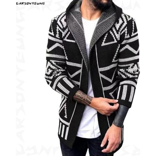 Mens Fashion Long Style Jacquard Knitwear Cardigan Men 2021 Autumn New Thick Fleece Warm Hooded Cardigan Sweatercoat Male