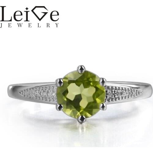 Leige Jewelry Natural Peridot Green Gemstone August Birthstone Round Cut Prong Setting Sterling Silver Wedding Ring For Woman