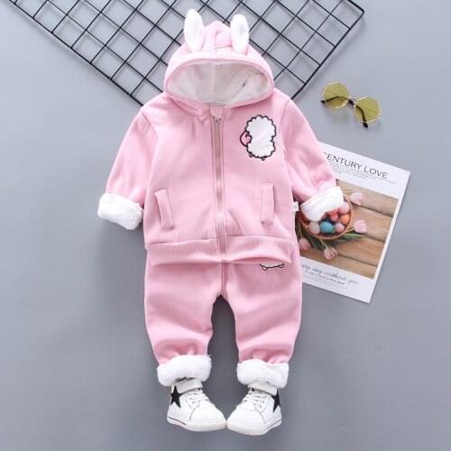 Baby clothes autumn winter baby boy baby girl suit cartoon lamb rabbit ear hooded plus velvet 2-piece suit baby warm casual suit