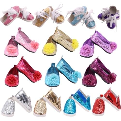7.5 CM Sequined Hard Sole Casual Flower Ball Shoes For 18 Inch American Doll & 43 cm ReBorn Baby Doll&1/3 Bjd Girl Play Toy Gift