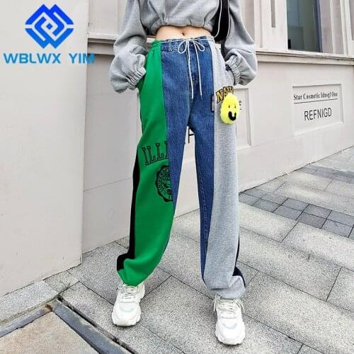 High waist Straight Pants Women Embroidered Plush smiley patch Fashion Denim Spliced Sweatpants Casual Joggers Long Trousers