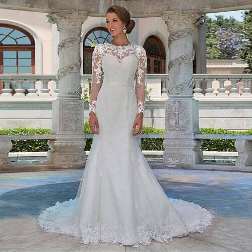 Glamorous Lace Jewel Neckline Cut-out Back Mermaid Wedding Dress Long Sleeves Open Back Bridal Dress vestidos de noiva