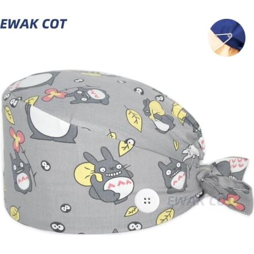 Cartoon printing High Quality Scrubs caps button unisex adjustable cotton work caps beauty salon hat accessories Tieback Elastic