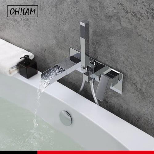 Bathroom Tub Faucet Single Handle Waterfall Spout Mixer Tap with Hand Shower Wall Mounted Bath Faucet Bathtub Faucet Water Mixer