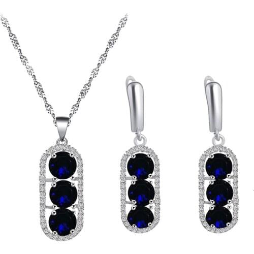 Dark blue 925 silver zircon earrings necklace pendant jewelry fashion party set JS852