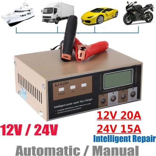 24V/12V 20A 15A Full Automatic Car Battery Charger EU/US/AU/UK Plug Smart Fast Power Charging Wet Dry Lead Acid AGM LCD Display