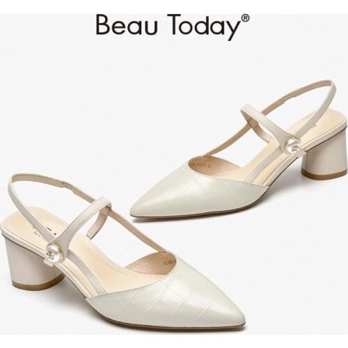 Women Sandals Genuine Cow Leather Diamond Pattern Pointed Toe Slingback Pearl High Heel Shoes for Lady Handmade BeauToday 31183