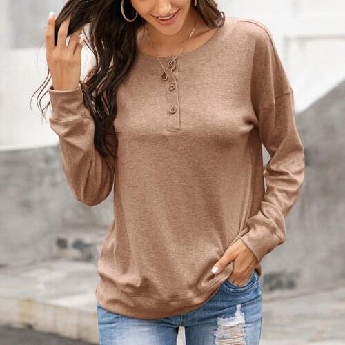 Women T Shirts Long Sleeve Button Casual Loose Pullover Jumper T-Shirt Autumn Spring Basic Tops Tunic Tee Shirt Streetwear Tops