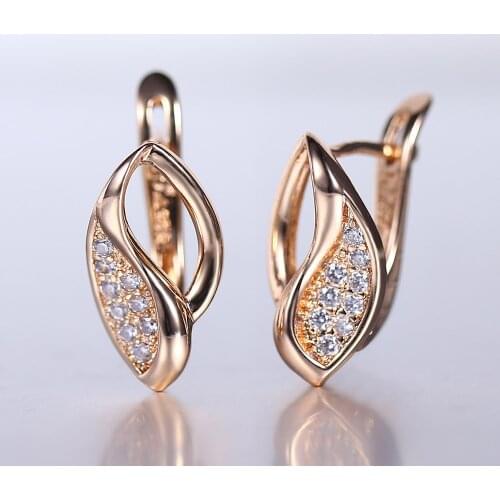 New 585 Rose Gold Stud Earrings Cut Out Leaf Clear Cubic Zircon oval Earrings for Women Girl Wedding Party Jewelry HGE283