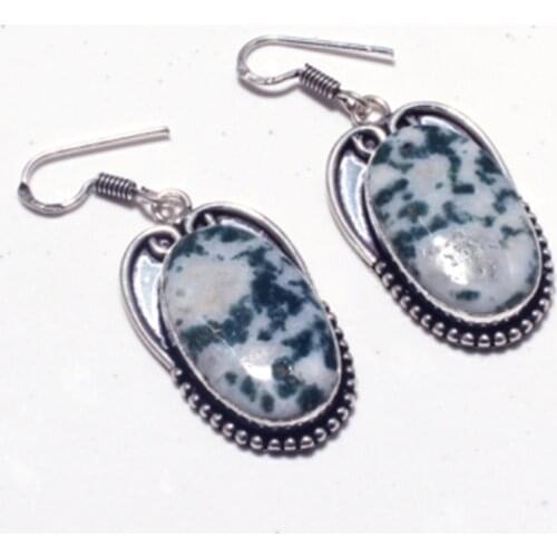 Genuine Tree Agate Silver Overlay on Copper Earrings ,Hand made Women Jewelry Gift , E5310