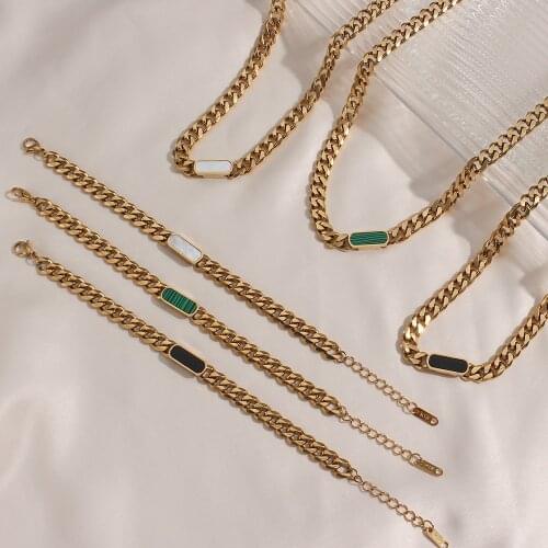 2021 New Natural Shell Acrylic Black White Green Charm Gold Cuban Chain Necklace Bracelets For Women Hiphop Jewelry Set