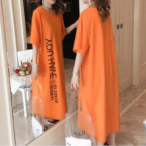 2021 Spring New Korean Large Size Split Caual Short Sleeve T-Shirt Dress Letter Print Womens Cotton Loose Dress Summer