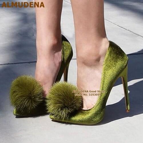 ALMUDENA Cute Big Pom Pom Wedding Shoes Olive Green Pink Velvet High Heel Pumps Slip-on Fluffy Fur Decorated Evening Prom Shoes