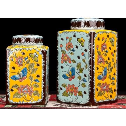 Creative Color Flower Butterfly Ceramic Jar Flower Arrangement Flower Vase Desktop Decoration Yellow Storage Jar Home Decoration