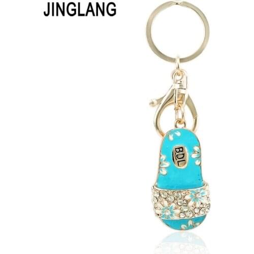 JINGLANG Classic Gold Color Metal Lobster Clasp Keyring Dangle Crystal Enamel Slipper Pendant Keychains For Women Luxury Jewelry
