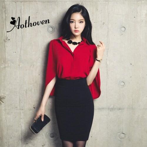 2 Pieces Sets Women suit Sexy Office Red Cloak Chiffon Shirt Tops and Bandage Black Pencil Skirts Vintage two piece set Vestidos
