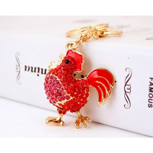 Creative Cute Red Cock Keychain Crystal Car Key Ring Zodiac Gold Metal Pendant Women Bag Pendant Gift