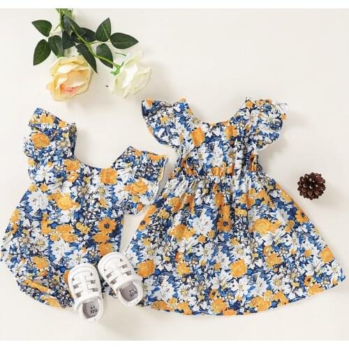 Cute Kids Baby Girls Flowers Romper Dress Sister Matching Clothes Ruffles Fly Sleeve Flared Dress Floral Backless Dress 0-6Y