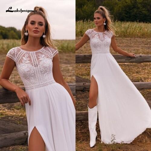 Fashion Boho Slit Chiffon Wedding Dress 2021 with Cap Sleeve High Quality V-Neck Sexy Bridal Gowns Sweep Train robe de mariee