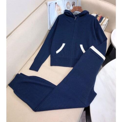 Fashion 2021 New Ladies Pocket Contrasting Color Zipper Hooded Knit Sweater + High Waist Pants 2-piece Set 1231