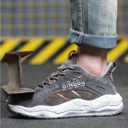 J47 Mens Autumn Casual Safety Shoes Pigskin Lace-Up Security Boots Steel Toe Indestructible Kevlar Stab Resistance Working Shoe