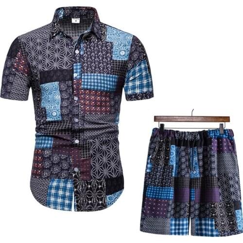Mens Vintage Floral Shirt and Shorts Sets Hipster Short Sleeve Cotton Hawaiian Shirt Set Men Streetwear Harajuku Two Piece Suits