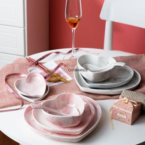 Nordic Marble Heart Shape Dinner Plate Dessert Dish Food Rice Soup Noodle Bowl Jewelry Dish Tray Ceramic Kitchen Dinnerware Set