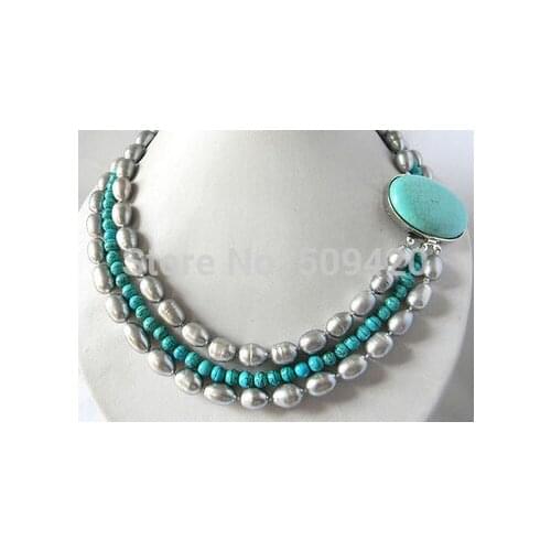 Free Shipping >3Strands 18'' Round Turquoise & 10mm Gray Freshwater Pearl Necklace