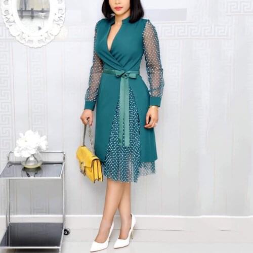 African Dresses for Women Evening Fashion v Neck Patchwork Transparent Sleeve High Waisted Mid Calf Elegant Office Dress Midi ol