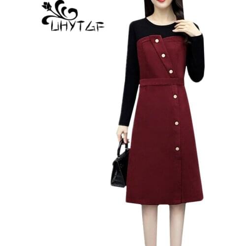 UHYTGF 5XL plus size dresses women Fashion splice Suede Autumn winter dress long sleeve pullover bandage dress lady vestido 1195