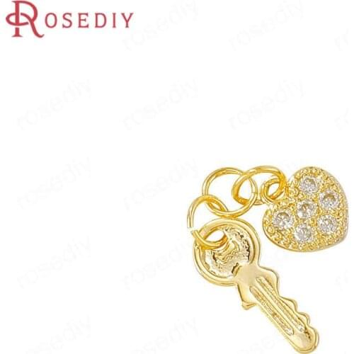 40553)4 Sets 24x4MM 24K Gold Color Brass and Zircon key Charms Pendants Jewelry Making Supplies Diy Findings Accessories