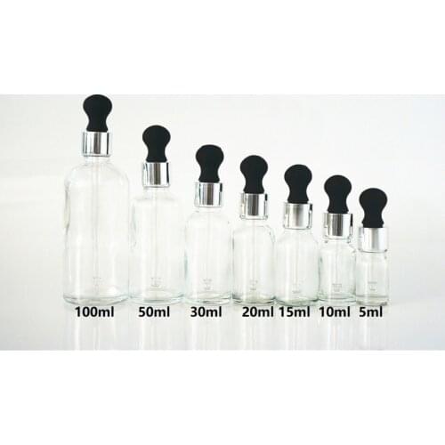 5/10/15/20/30/50/100ml Clear Essential Oil Bottle Silver Big Rubber Head Black Ring Dropper Empty Cover Glass Containers
