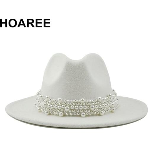 Wedding Fedora Hat Women Panama Hat White Jazz Pearl Felt Hat Elegant Ladies Woolen Panama Trilby Formal Party Cap 58-61CM