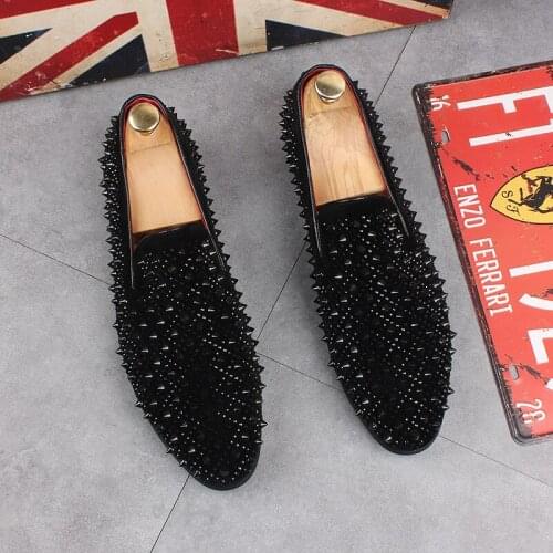 British style mens luxury fashion punk nightclub dresses genuine leather rivets shoes slip-on lazy shoe black summer loafers