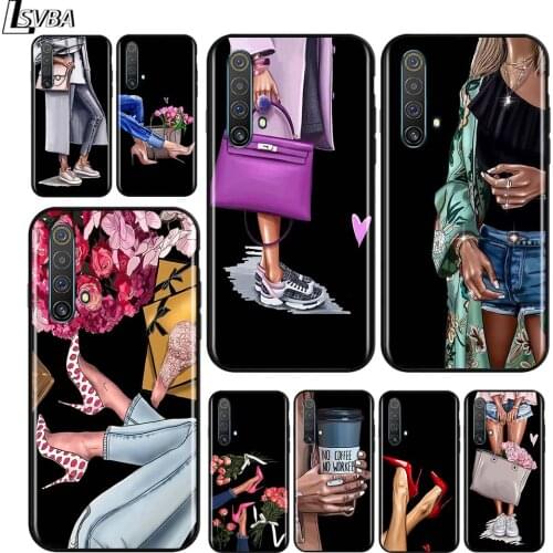 High Heels Flower Girl for OPPO Realme V15 X5 X3 X50 X7 X2 C17 C11 C3 C2 7 7i 6 6S 6i 5 Narzo 20 Pro Black Phone Case