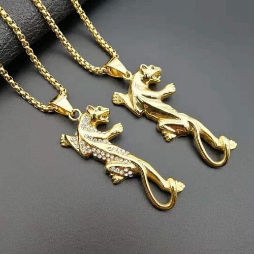 Hip Hop Rhinestones Paved Bling Gold Color Stainless Steel Leopard Panther Animal Pendants Necklaces for Men Rapper Jewelry