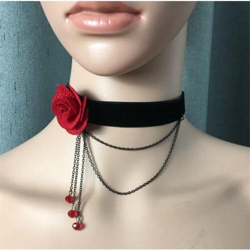 Vintage Hollow Rose Flower Punk Black Lace Necklace Handmade Gothic Lolita Bracelet Tassels Beads Wedding Jewelry D434