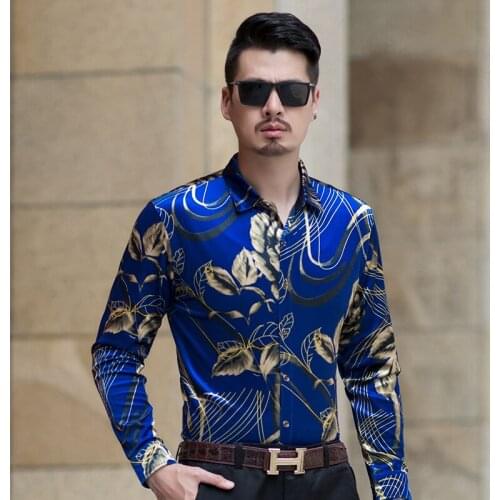 High quality autumn mens velvet floral dress shirt long sleeve clothes fashion gold velvet male shirts