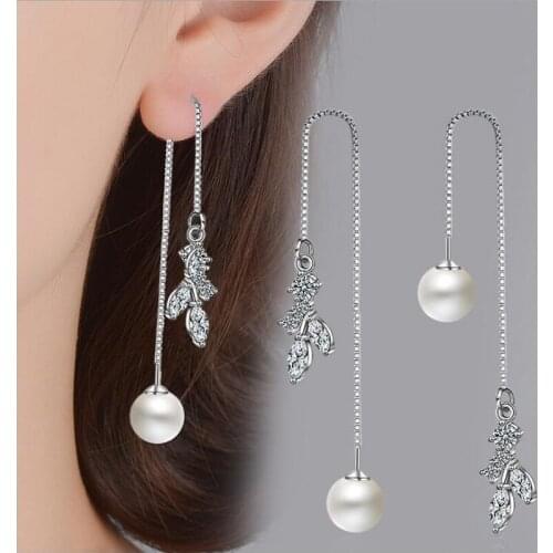 KOFSAC New 925 Silver Earrings For Women Luxury Crystal CZ Leaves Pearl Eardrop Long Ear Line Fine Jewelry Valentines Day Gifts