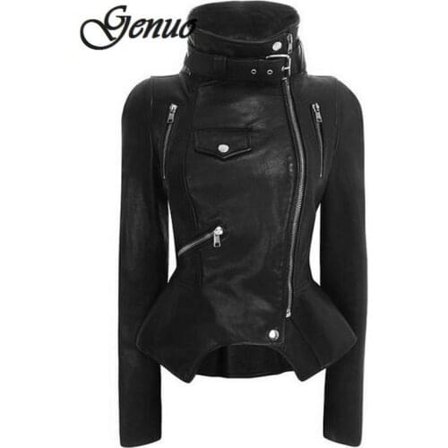 Genuo Jackets Motorbike Woman Slim PU Leather Coats Steampunk Moto Streetwear Rock Style Metal Goth Jackets Genuine