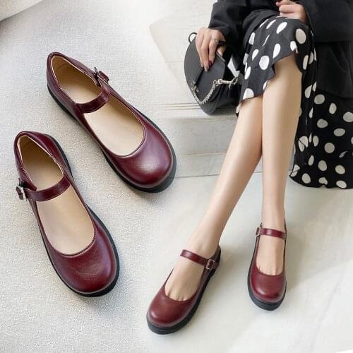 2020 Womens Shoes New Fashion Round Toe Womens Low-heeled Shallow Mouth Mary Jane Women Concise Ankle Strap Ladies Casual