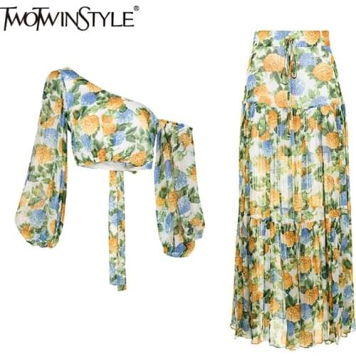 TWOTWINSTYLE Bohemian Print Two Piece Set For Women Skew Collar Long Sleeve Tops High Waist Maxi Skirt Hit Color Sets Female New