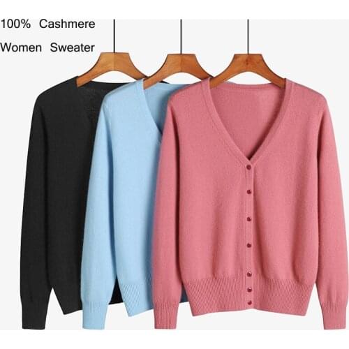 100 pure cashmere cardigan sweater women ladies Brand sweater V-neck solid color bottoming Warm Fashion Elegant shirt
